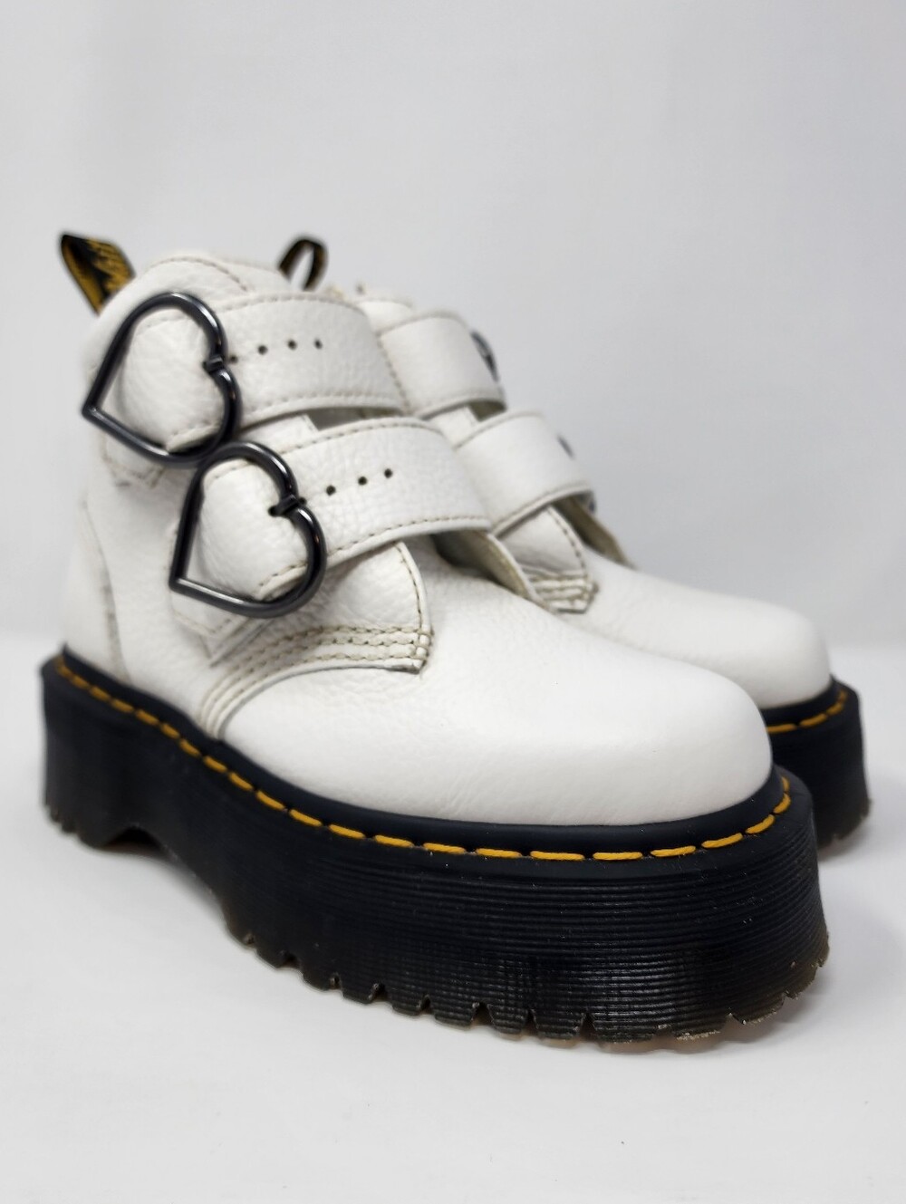 Dr. Martens Devon Heart White Leather Heart  Buckle Platform Ankle Boots